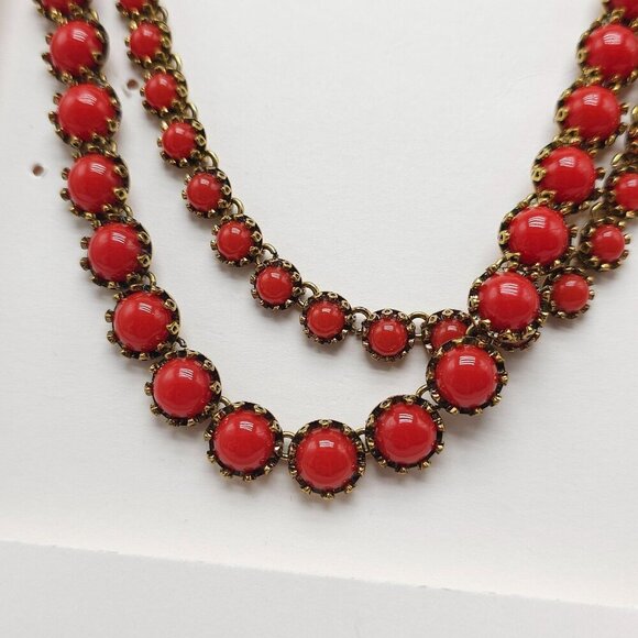 Zara Red Resin Stone Double Layer Necklace With Antique Gold-Tone Chain - Picture 3 of 7